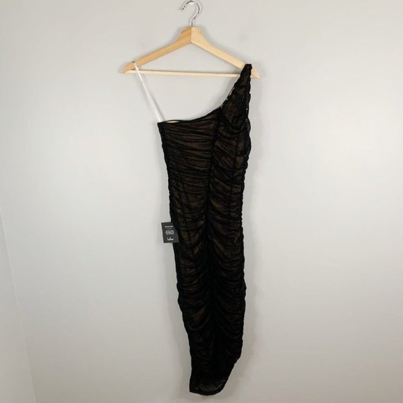 Lulus Already RSVP'd Black Ruched One Shoulder Bodycon Dress Mesh Mini NWT M - Picture 10 of 12